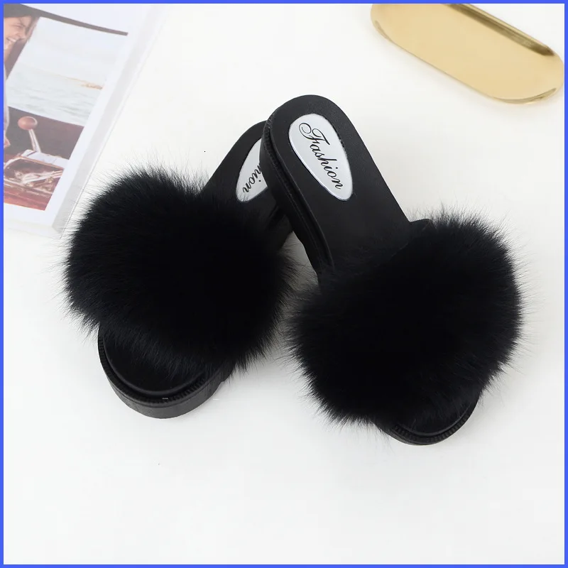

Real Fur Slippers Wedges Women Slides Platform Fluffy Summer Home Shoes Woman Luxury Brand Female Sandals Med Heel Fashion 2019