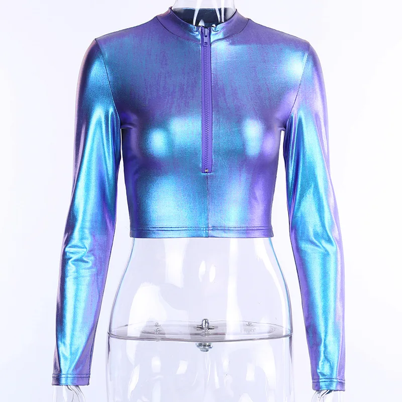 UIDEAZONE женский топик на молнии с лазерным эффектом обтягивающее голографическое