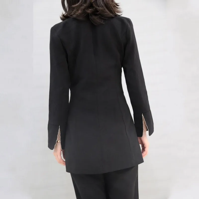 

Office Ladies Elegant Suit Set V-Neck Slim Fit Split Blazers Straight Pencil Pants Women Fashion Designer Black Suits Two Piece
