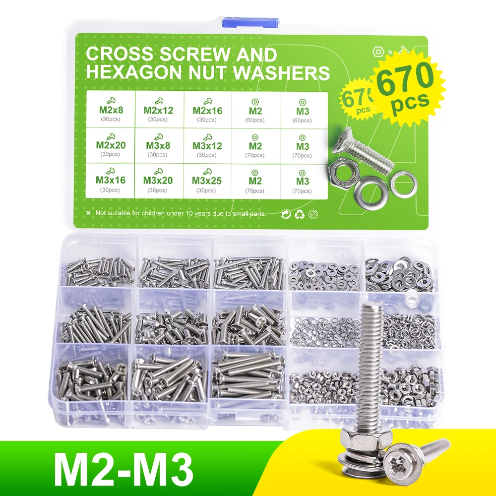 

670Pcs M2 M3 Assortment Kit Set Phillips Flat Head Machine Screw Metric Thread Cross Countersunk Bolt Nut Washer Bolts and Nuts