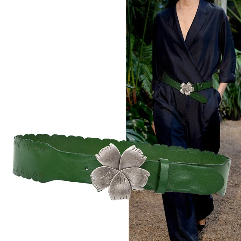H3463 Women Cowhide Belt Female Genuine Leather Fashion Flower Decoration Waist Seal Metal Buckle Top Grade Easy Cummerbunds