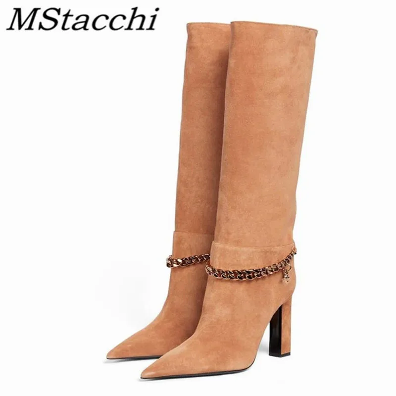 

MStacchi Classics Women boots Genuine Leather Pointed Toe Metal Decoration Crude heel femme shoes Knee-length boots office 2021