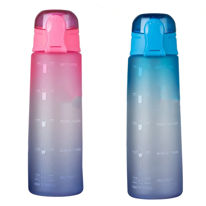 

2PCS 32Oz Fitness Water Bottle With Time Marker BPA Free Large Capacity Water Jug, Gradient-Pink & Gradient-Blue