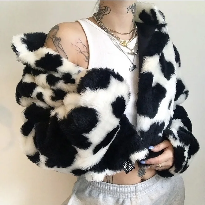Cow Color Faux Fur Coat Woman 2021 Russian Fashion Winter Warm Fourrure Femme Artificial Fluffy Top Jacket High Quality Teddy