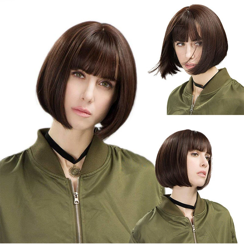 

Straight black Synthetic Wig with Bangs Women's Short Length Hair Bob Wig Heat Resistant Bobo Hairstyle Daily Wig 9 colors