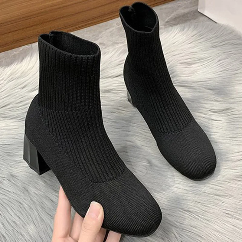

Женские ботинки, классические женские ботинки-носки, трикотажные короткие ботинки для женщин, женская обувь на высоком каблуке с круглым но...