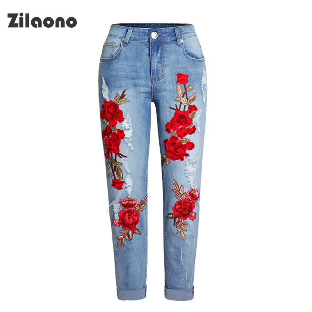

Women Jeans 2021 Autumn Relaxed-fit High Elasticity Color Flower 3D Three-dimensional Embroidery High Waist Hole Denim Trousers