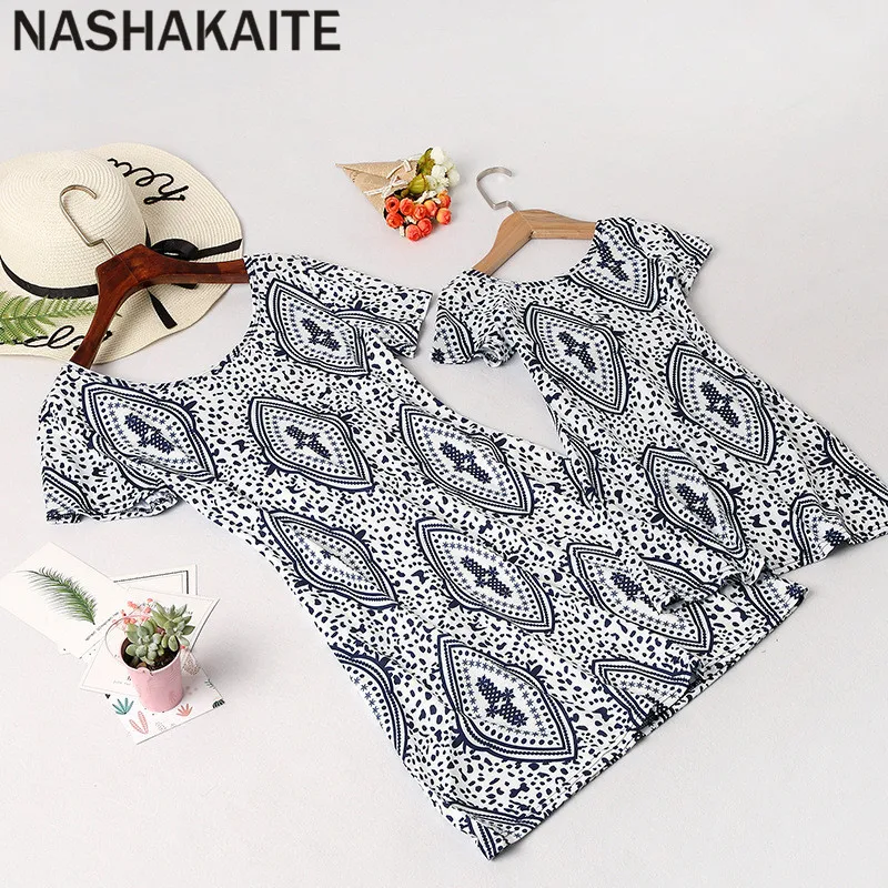 NASHAKAITE/платья для мамы и дочки мини-платье с тотемным принтом и бантом Одинаковая одежда для мамы и дочки платья для мамы и дочки