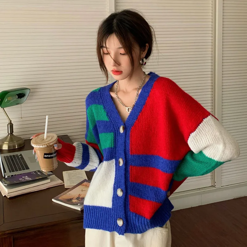 

Корейский стиль 2021, Осенние вязаные свитера в полоску с V-образным вырезом, кардиганы, женская верхняя одежда, свитера, пальто для женщин (A1836)