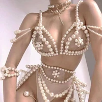 ins exaggerated imitation big pearls body chain bra waist belly chain for women pearl sexy bralette bikini set body jewelry