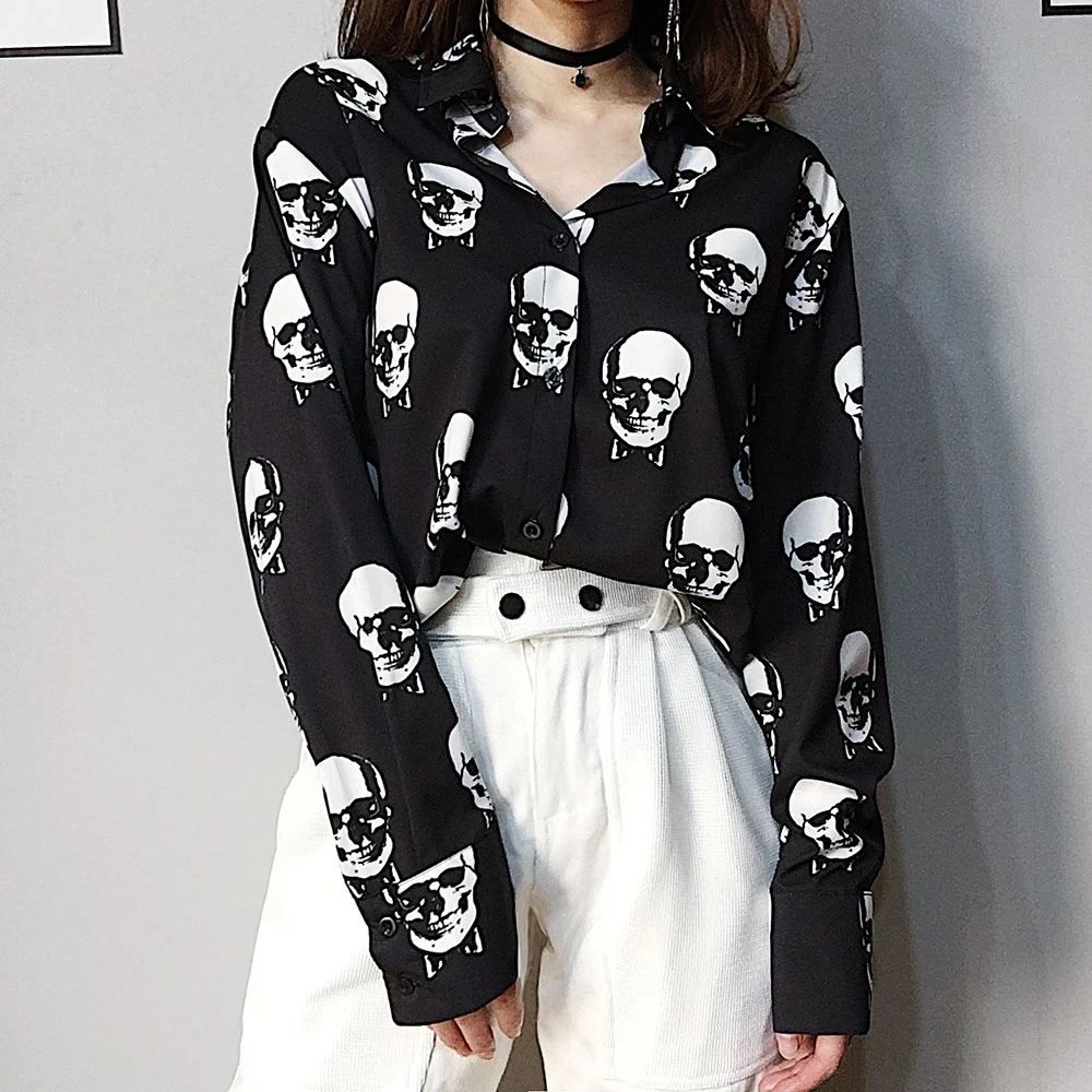 Женская блузка с длинным рукавом черная Свободная принтом черепа модная