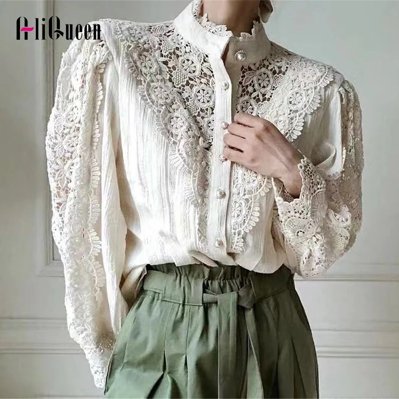 2020 весенние женские Кружевные блузы с вышивкой элегантные длинным рукавом и