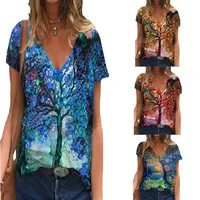 2021 new printed womens t shirts summer trendy plants flowers printing short sleeve t shirts v neck casual tops