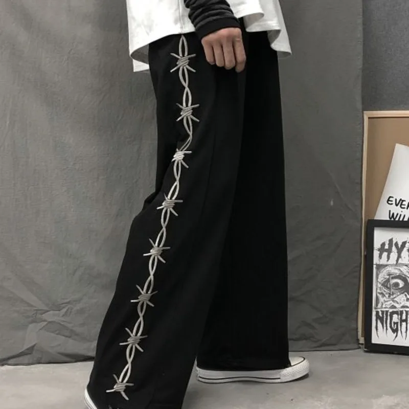 

Straight Pants Men's Fashion Embroidery Solid Color Retro Casual Pants Men Streetwear Wild Loose Hip Hop Trousers Mens M-XL