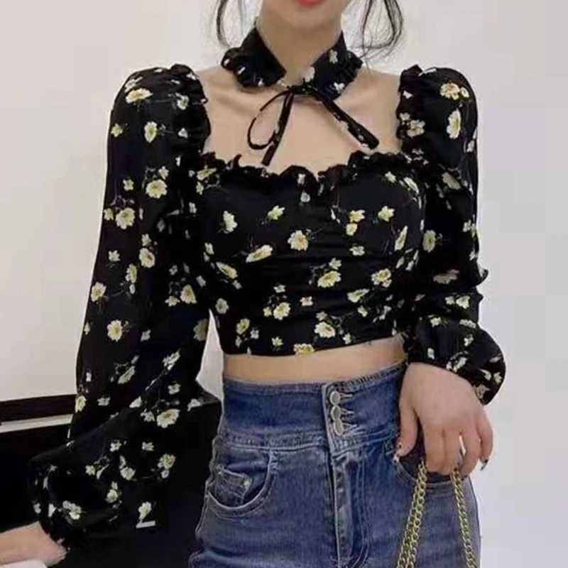 

Sweet Sexy Women Blouse 2021 New Gothic Floral Print Elegant Tops Shirts Long Sleeve Summer Ladies Crop Tops Clothing