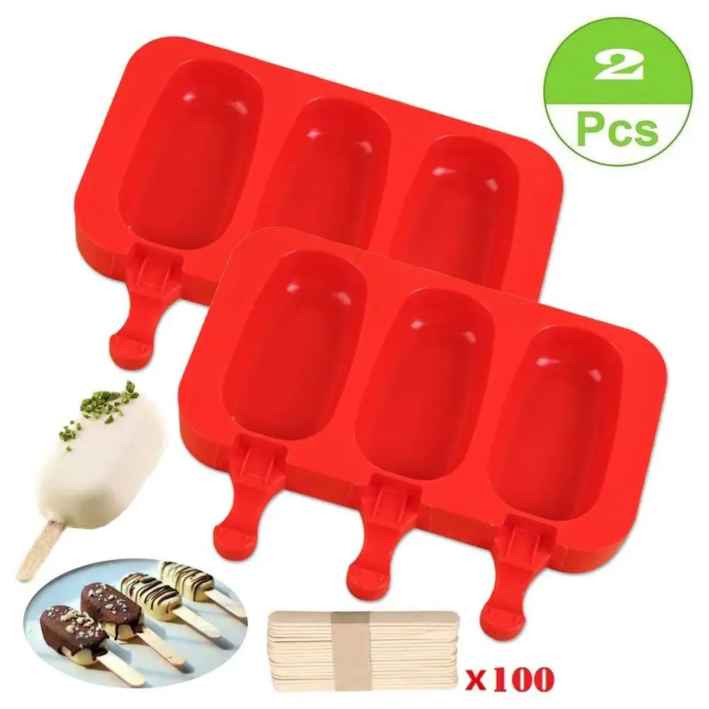 

2 packs of silicone simple ice cream mini ice cream popsicle mold set 3 cavity silicone cute ice cream mold oval ice cream with