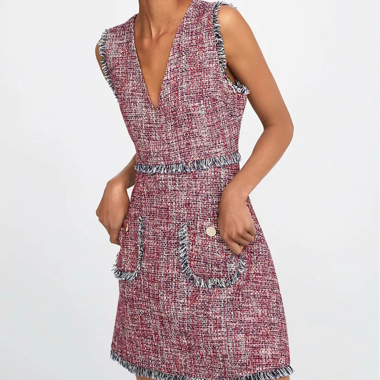 Весеннее твидовое женское платье без рукавов винтажное сексуальное мини-платье