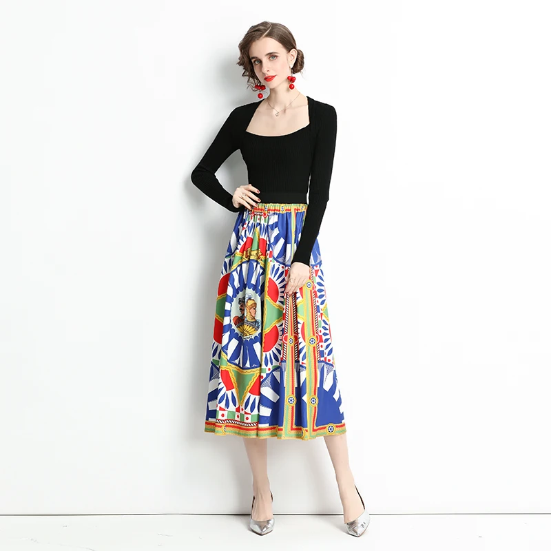 Женский трикотажный костюм из двух предметов черный свитер с длинным рукавом и