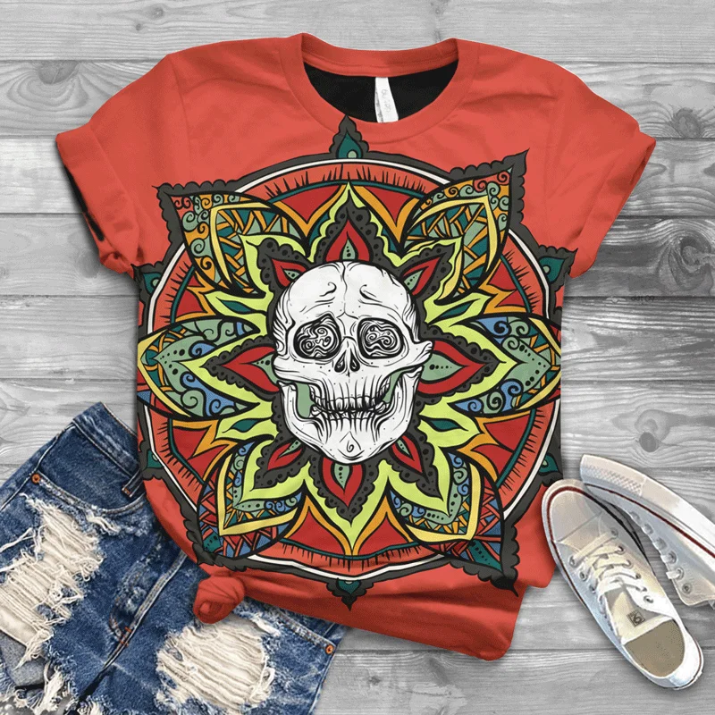 

New Street 2021 Harajuku European and American style skull 3D printing short sleeve ladies T-shirt O-neck XL T-shirt Ladies T-sh