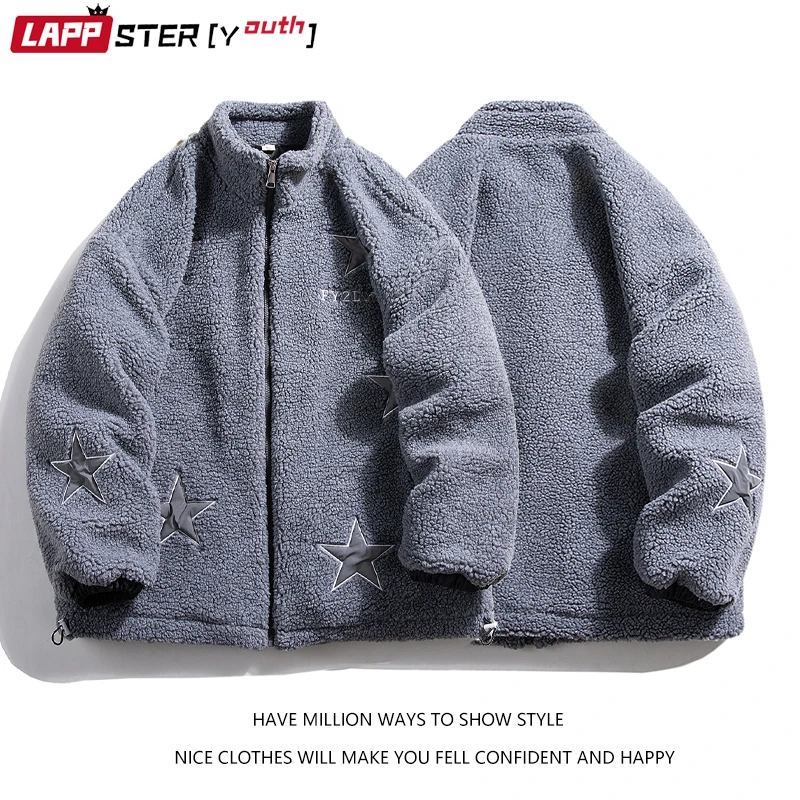 

LAPPSTER-Молодежные мужские черные зимние куртки с пятиконечными звездами 2022 мужские из овечьей шерсти толстые Искусственные мужские повседне...