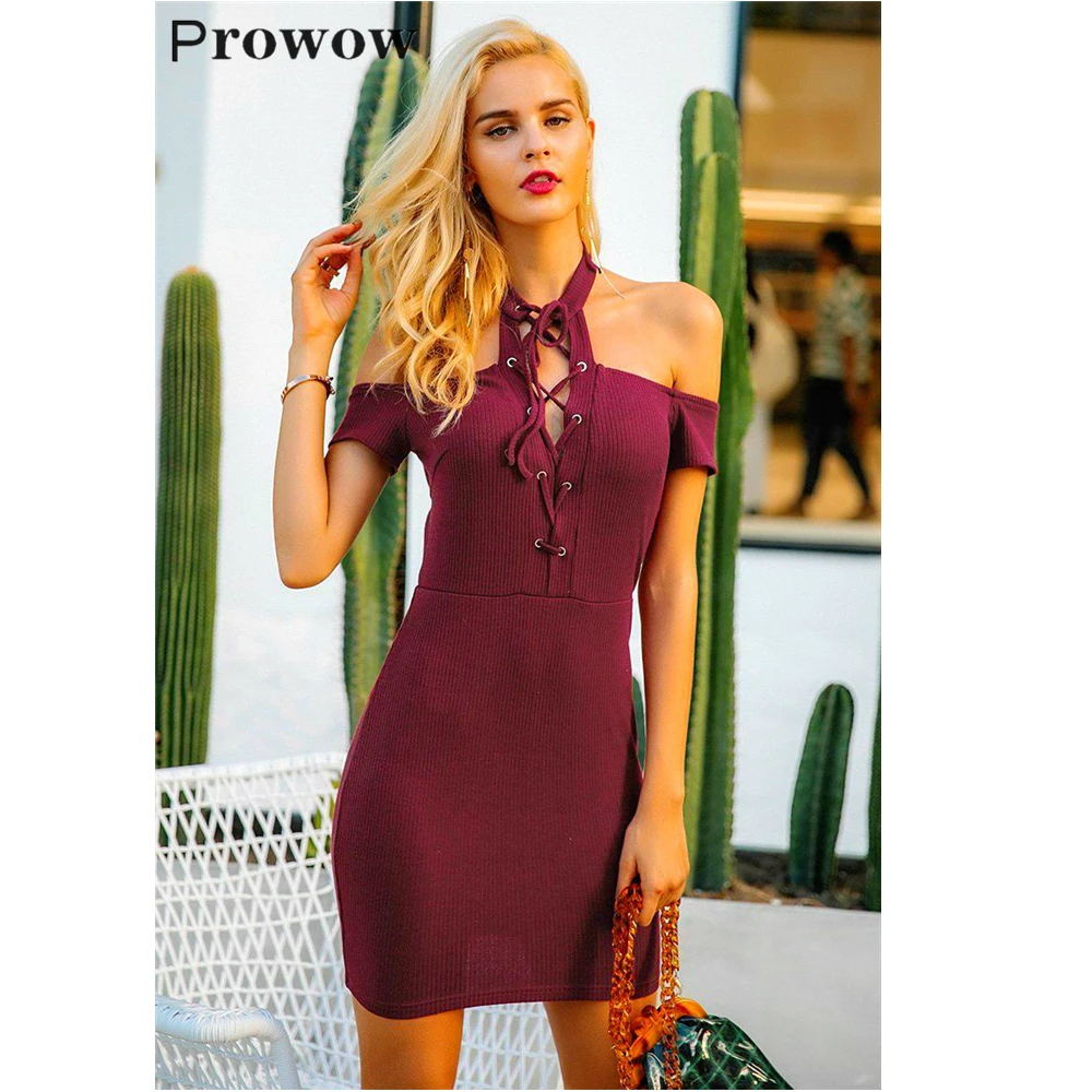 

Prowow Solid Knitted Dress Spring Women Fashion Sexy Halterneck Dress Halter Chest Strap Sexy Strapless Slim Knitting Dresses