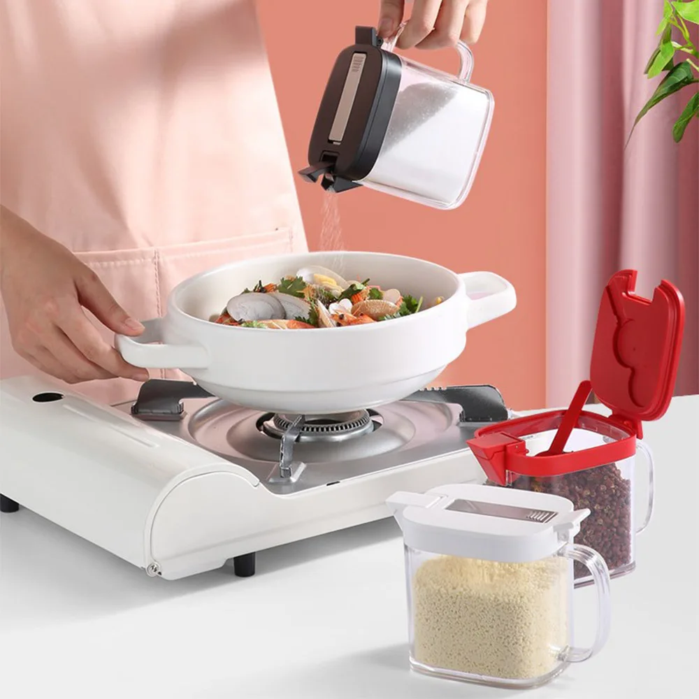 

Auto Flip Salt Spice Jars Holder Seasoning Box Wall Mounted Plastic Condiment Bottle Container With Spoon For Kitchen Supplies