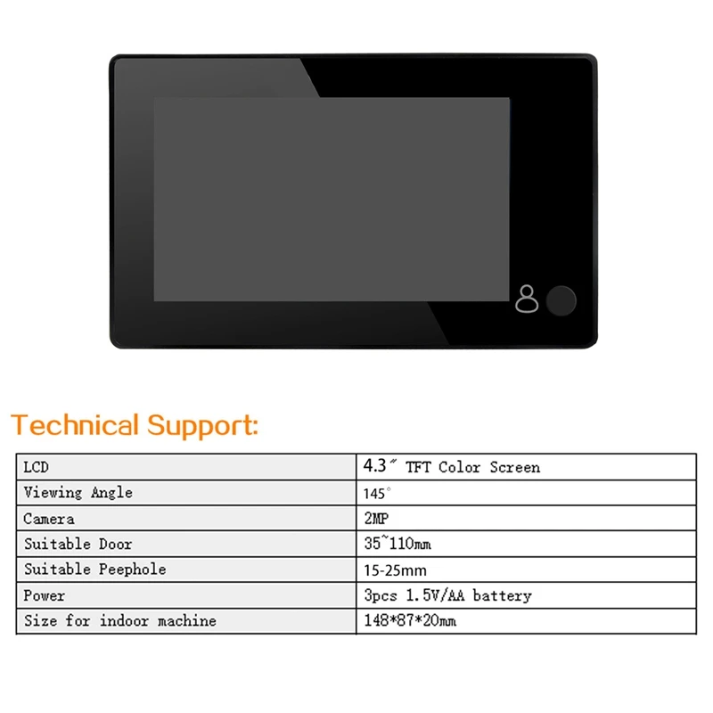 

4.3inch HD Door Peephole 145 Degree Wide Angle Digital Smart Doorbell TFT Color Door Eye Home Security Camera Monitor