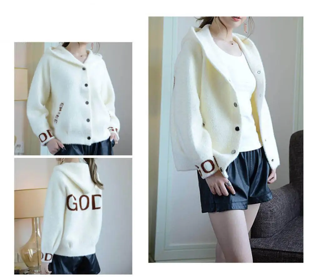 2022 Fall Faux Mink Fur Coat Loose Velvet Long-Sleeved Hooded Coat Collar Warm Winter Thickened Fleece Sweater Women's Cardigan