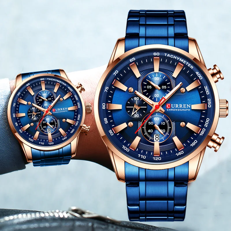 CURREN синие мужские часы Топ бренд класса люкс Большой циферблат хронограф бизнес