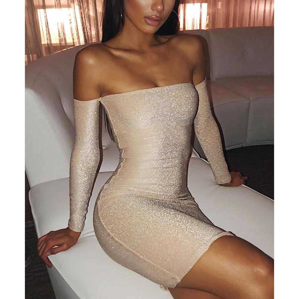 Сексуальное блестящее облегающее платье с открытыми плечами женские платья