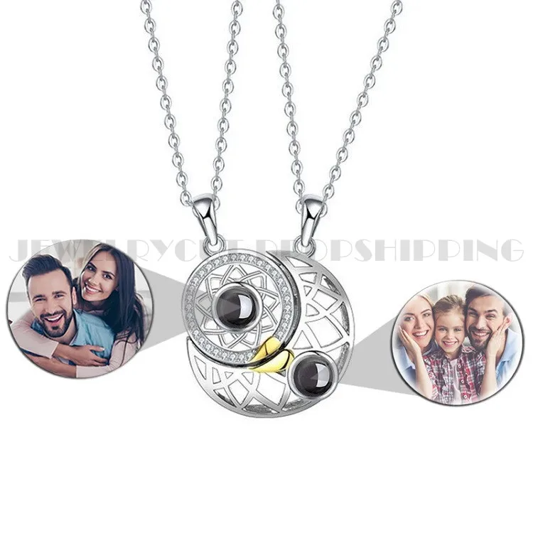 Парное ожерелье из серебра с проекцией по фото в форме Солнца и Луны магнитное на