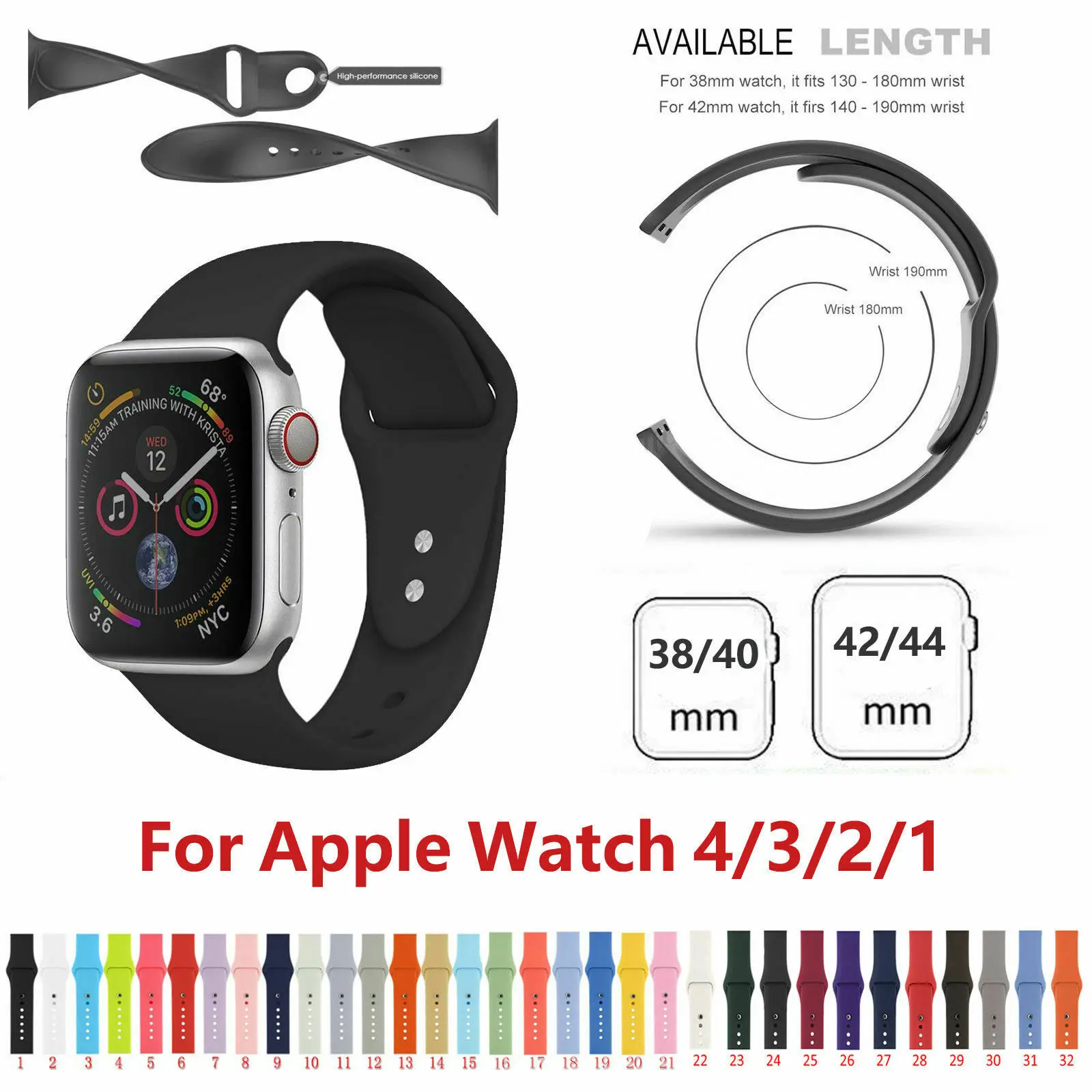 Силиконовый сменный спортивный ремешок 38 мм 40 для Apple Watch Series 1 2 3 4 42 44 на запястье