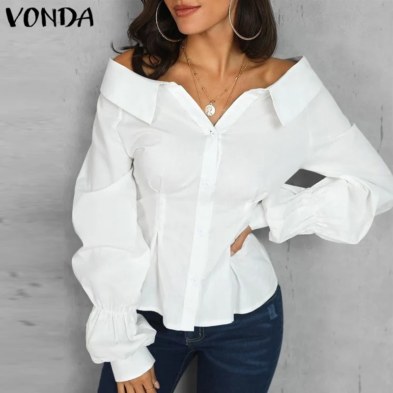 

VONDA Women Office Stylish Shirts Casual Baggy Off Shoulder Blouse Bohemian Blusas Femininas Plus Size Long Sleeved Lapel Tops