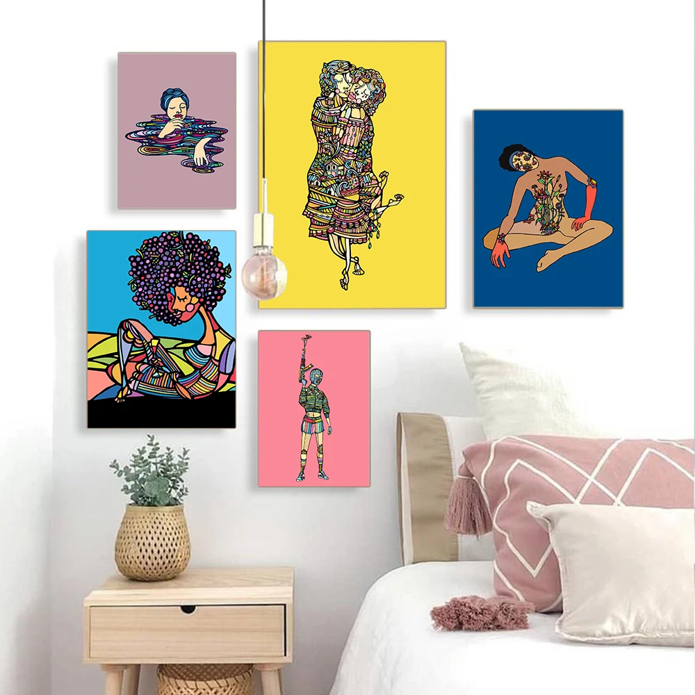 

Girl Power Canvas Painting Abstract African Woman Kiss Poster Blooming Flowers Wall Prints Childhood Art Pictures Bed Room Decor