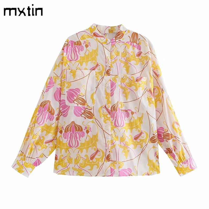 

MXTIN 2021 Women Spring Vintage Floarl Print Single Breasted Blouses Fashion O-Neck Long Sleeve Female Shirts Blusas Casual Tops