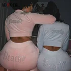 Adogirlбархатные комплекты из 2 предметов, женские Клубные комплекты, топ с длинными рукавами и бриллиантами + штаны, комплекты розового цвета, теплые костюмы размера плюс