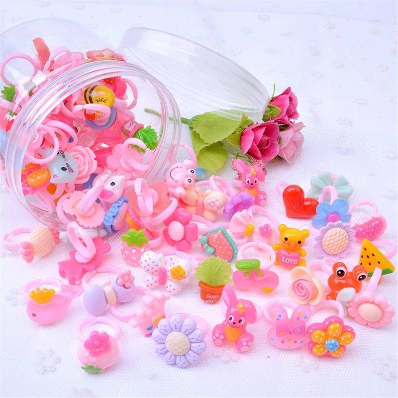 

1 Box 50PCS Adjustable Cartoon Rings For Girls Dress Up Accessories Party Kids T