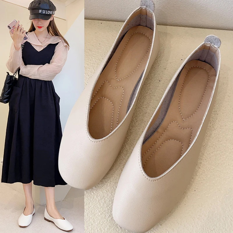 

Leather Flats Shoes 2021 Spring New Shallow Slip-on Square Toe Flat Single Shoe Concise Solid Casual Soft Bottom Loafers Shoes