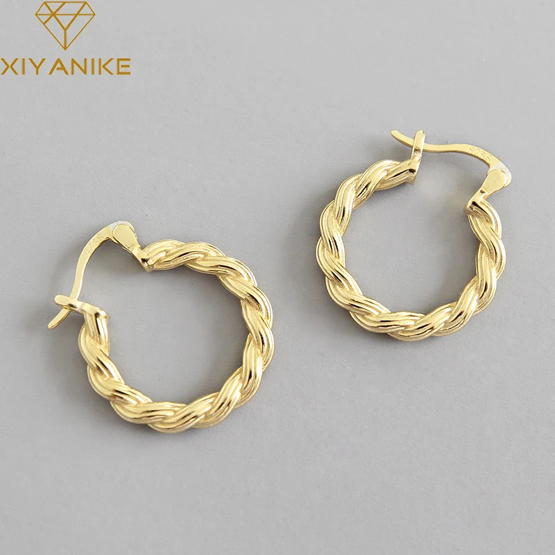 

XIYANIKE Silver Color Twisted Woven Golden Hoop Earrings Female Charm Fashion Retro Exquisite Gorgeous Jewelry Lover Gift