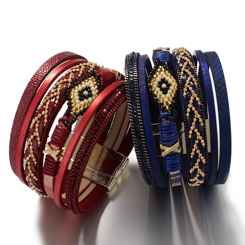 Браслет женский кожаный многослойный с бусинами Миюки|Гибкие браслеты| |