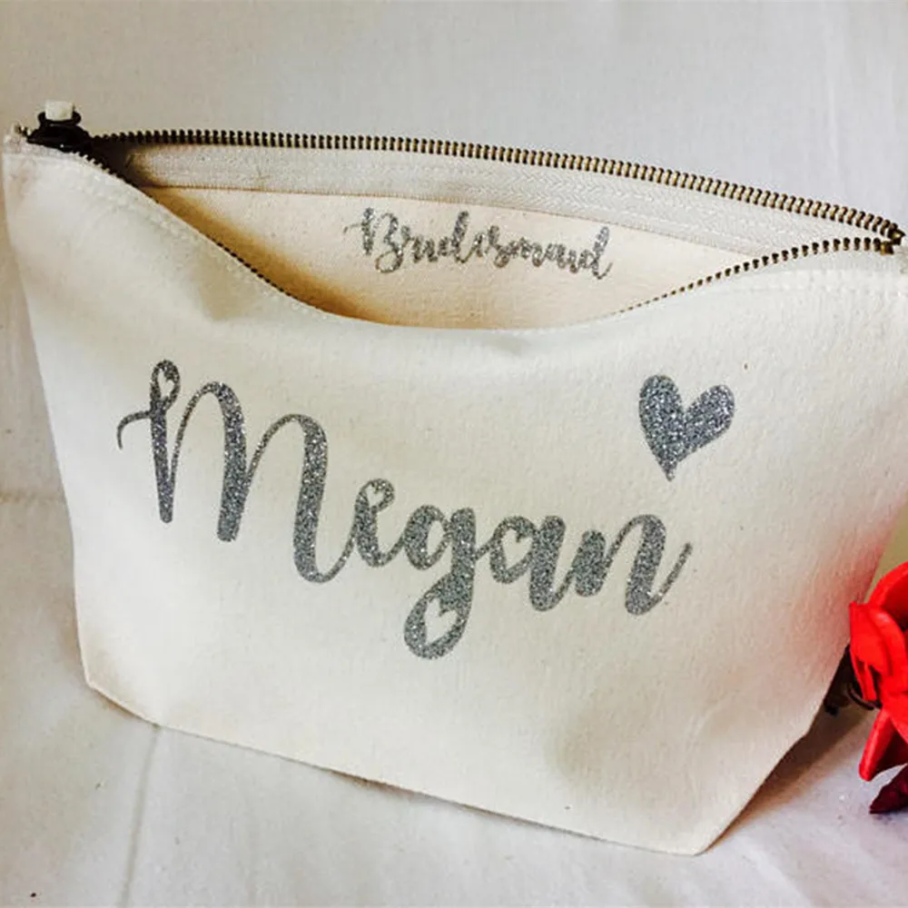 

Personalize text glitter wedding bridesmaid bride Make Up makeup comestic vanity Bags birthday toiletry pouches Party favors