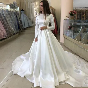 Princess Wedding Clothes Satin Long Arm Muslim Wedding Bride Clothes Long Train White Wedding Dress Vestido Robe De Mariee Novia