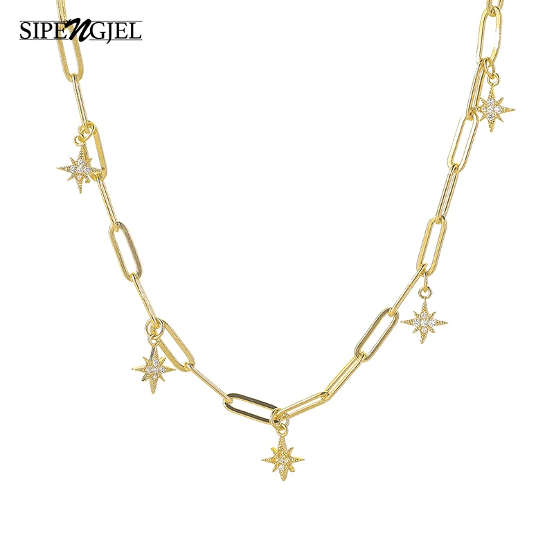 SIPENGJEL Fashion Inlaid Zircon Stars Pendant Necklace Geometric Link Chain Hip Hop For Women Girls Punk Jewelry 2021 | Украшения и