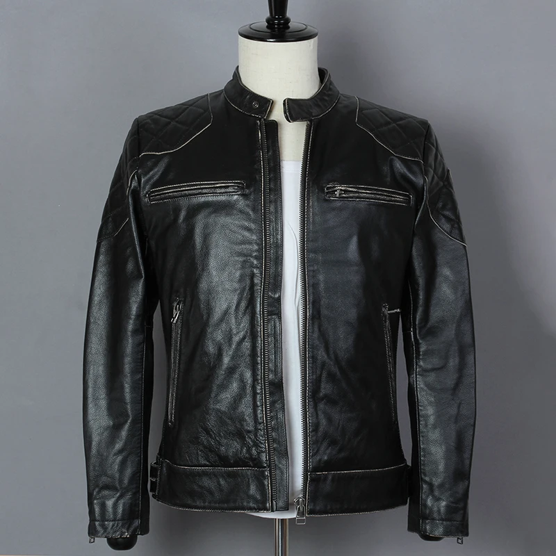 

Vintage 2021 Fashion Black Cowskin Motorcycle Jacket Slim Fit Genuine Leather Jacket Men David Beckham Style Leather Coats Male