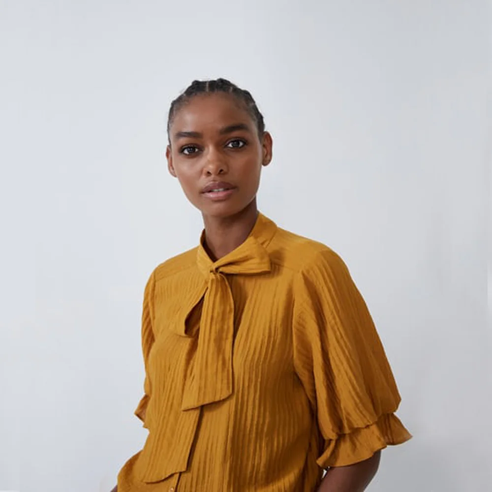 ZA 2019 Осенняя желтая рубашка с бантом Boho модная женская одежда Повседневная