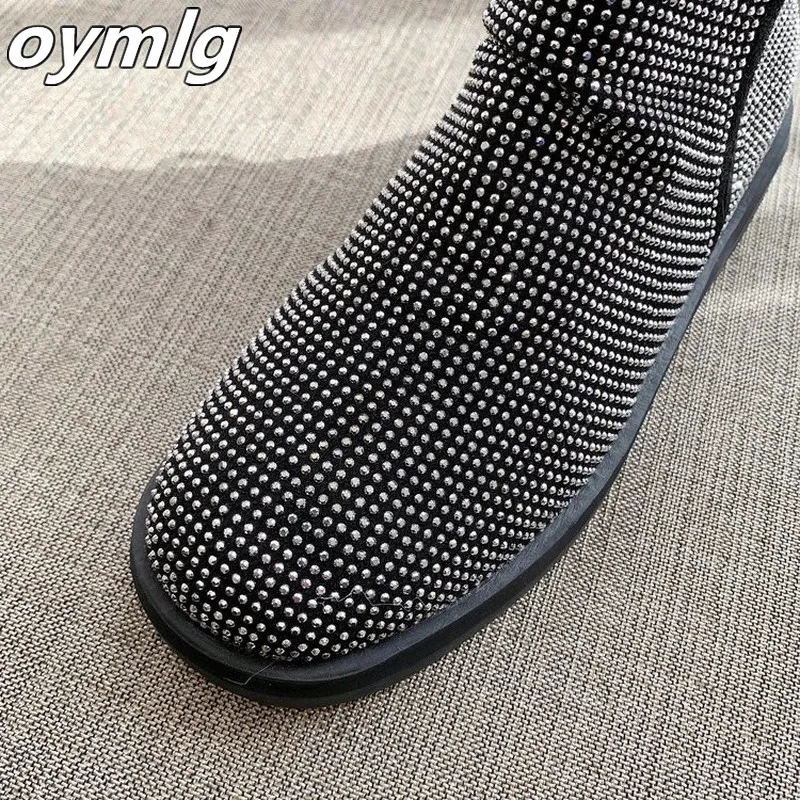 

Bling Crystals Women Snow Boots Handmade Shiny Rhinestones Diamonds Cow Suede Flat Ankle Boots Warm Winter Shoes Martin Botas