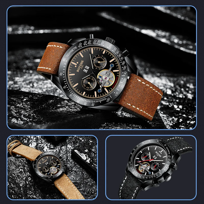

New Fashion Mens Automatic Mechanical Watches Black Classic Multifunction Tourbillon Sport Leather Mens Watches Montre Homme