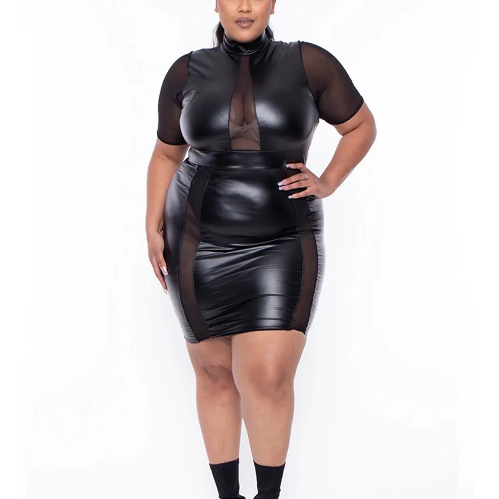 

4XL 5XL Plus Size Black PU Leather Dress See Through Sexy Bodycon High Waist Mini Length Evening Night Club Cloth Dresses New