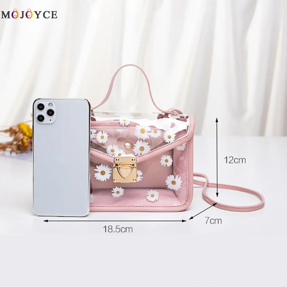 

Women Fashion Daisy Flower print Transparent PVC Handbag Female PU Leather Clutch Totes Travel Shoulder Bag Composite Set