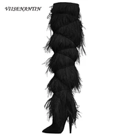 viisenantin 2020 plus size woman shoes catwalk show ostrich fur fringed high heeled pointed long tube boots